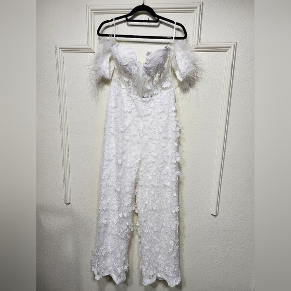 Lulus Midnight Sparkle White Mesh Embroidered Feather Bustier Jumpsuit Bridal - Picture 6 of 8